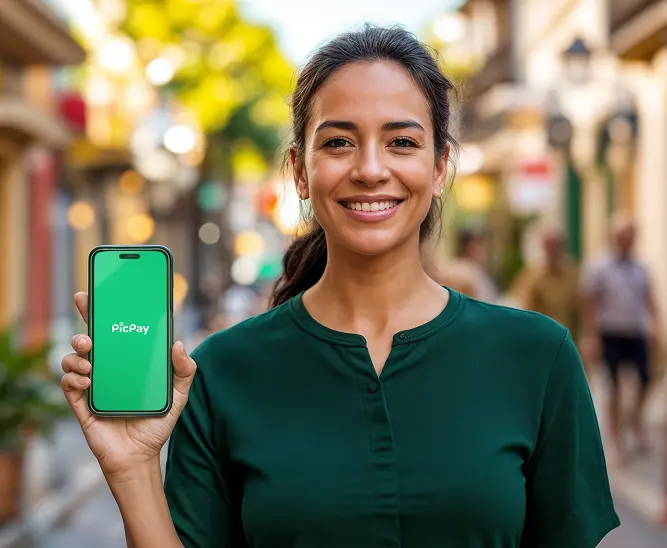 Mulher segurando o celular com o aplicativo PicPay