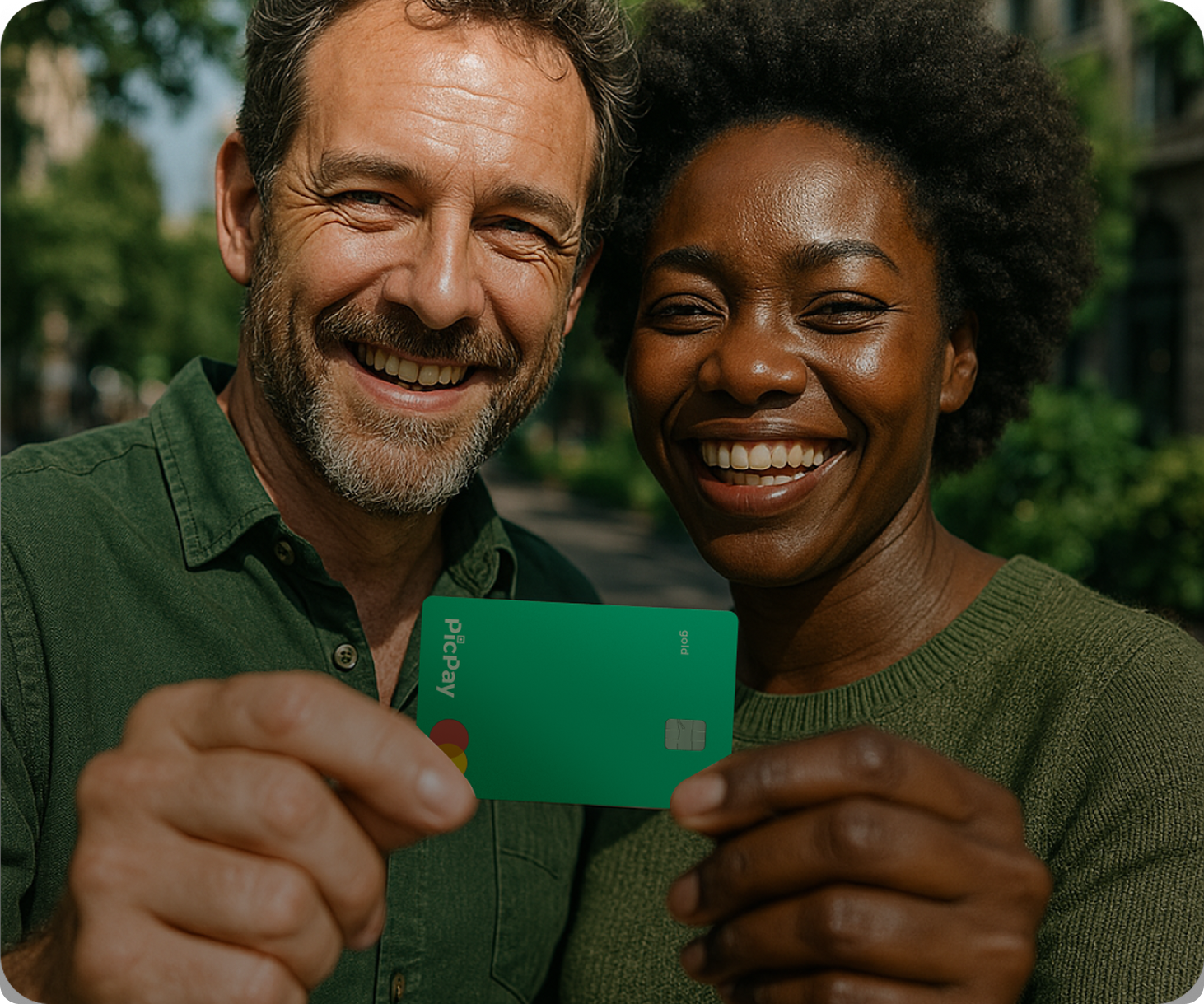 Um casal sorrindo segurando cartão do PicPay
