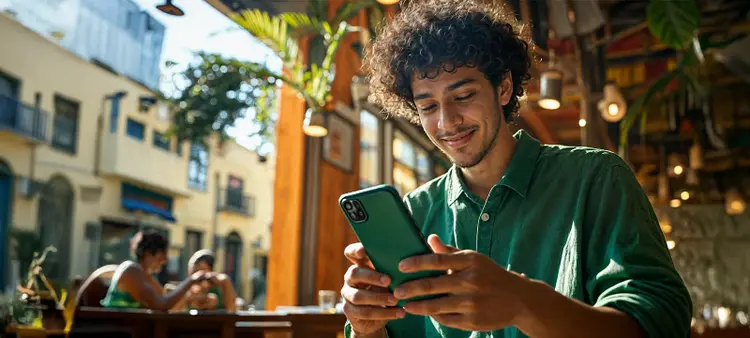 Pessoa em ambiente de café, segurando um smartphone com as duas mãos, sentada à mesa, com outras pessoas e construções ao fundo desfocadas.