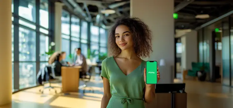 Pessoa em ambiente de escritório segurando um smartphone com o logo PicPay, com outras pessoas trabalhando ao fundo em plano desfocado.