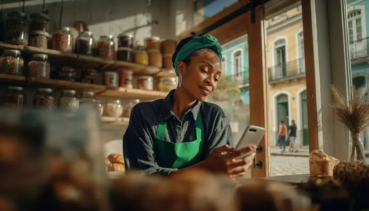 Pessoa em ambiente interno de comércio, vestindo avental e lenço na cabeça, segurando um smartphone atrás de um balcão.
